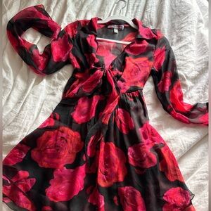 Urban Outfitters Red and Black Floral Long Sleeve Dress